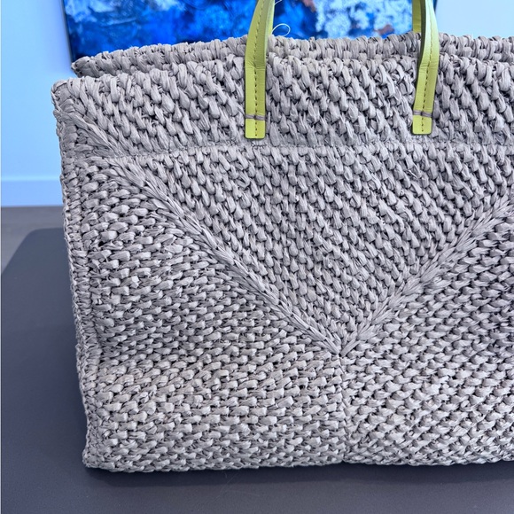 Clare V. Simple Woven Raffia Tote Bag with Yellow Straps and Denim Interior - Picture 4 of 10